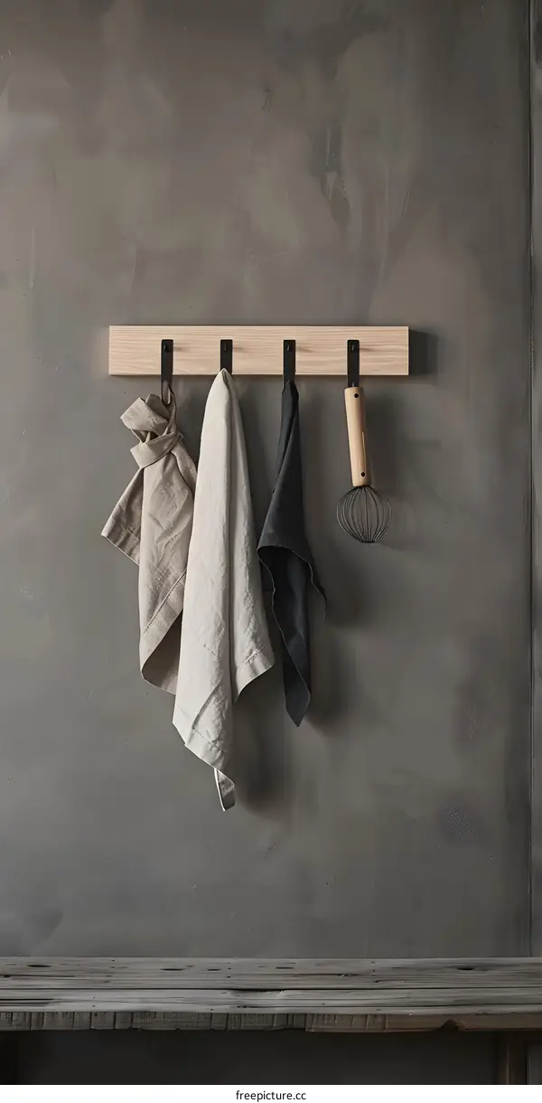 Kitchen Wall with Wooden Shelf and Hanging Towels