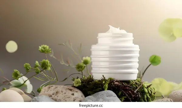 White Cream Jar on Moss Covered Rocks with Green Plants