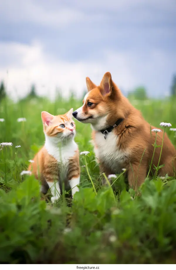 A ginger cat and a corgi puppy are sitting in a green field looking at each other