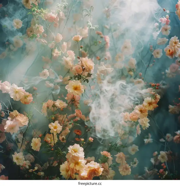 ethereal peach blossoms in the mist