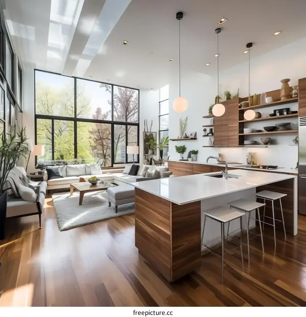 An open-concept living space with a modern kitchen and large windows