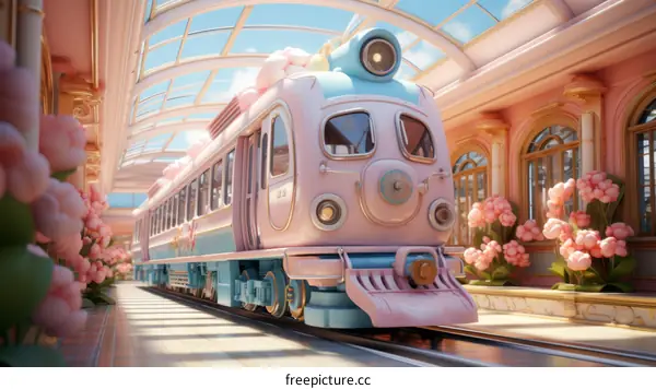 A Pastel Pink and Blue Fantasy Train Decorated with Flowers and Bows Arrives at the Station