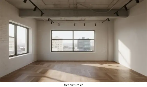 Empty modern room with large windows and wooden flooring