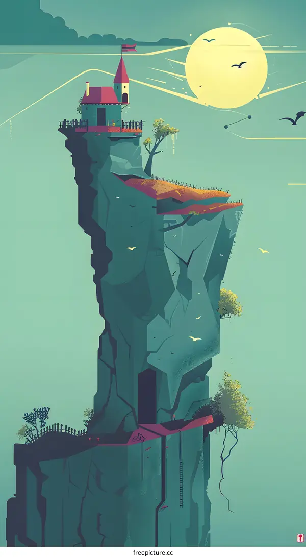 Fantasy Clifftop House with Sun and Birds