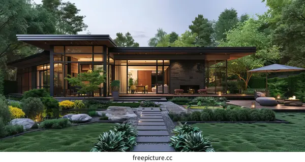 Modern House Exterior With Large Glass Windows And Terrace