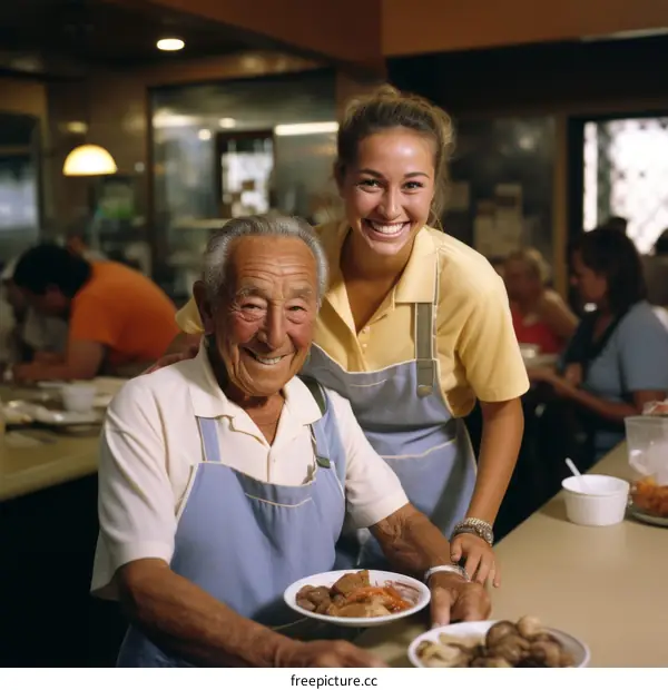 A young woman and an elderly man smile at each other in a restaurant.