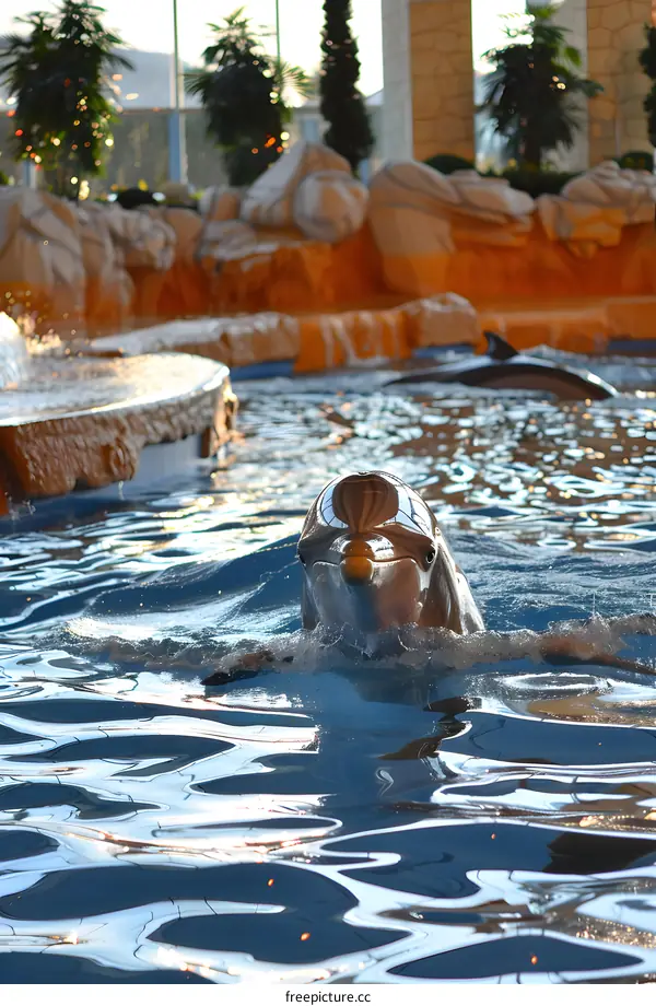 dolphin in water looking at camera