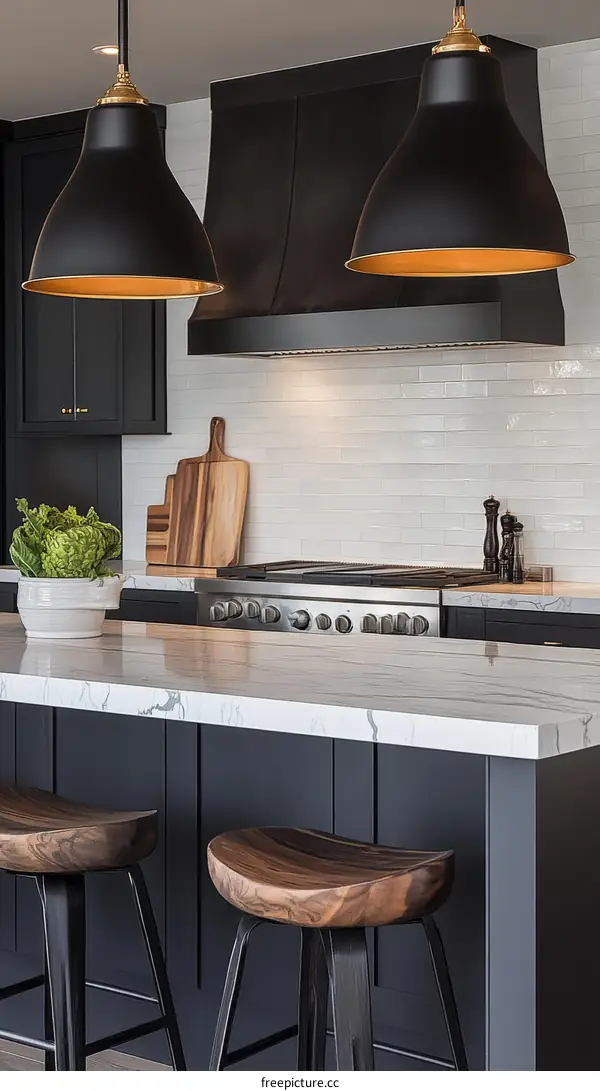 Modern Kitchen with Dark Cabinets and Stylish Pendant Lights