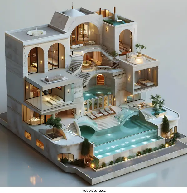 A 3D rendering of a modern luxury villa with a pool