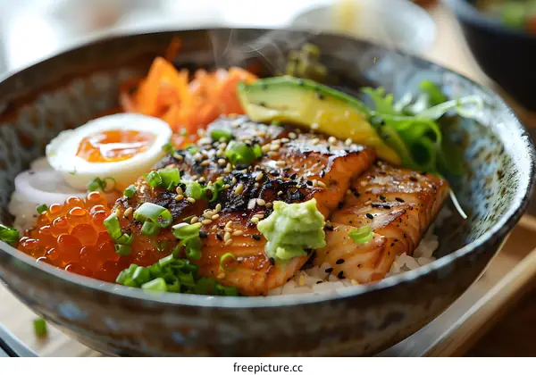 Grilled Salmon Donburi with Avocado, Carrot, and Sesame Seeds