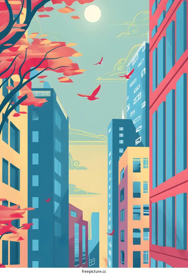 Cityscape Illustration With Red Birds Flying Through Buildings