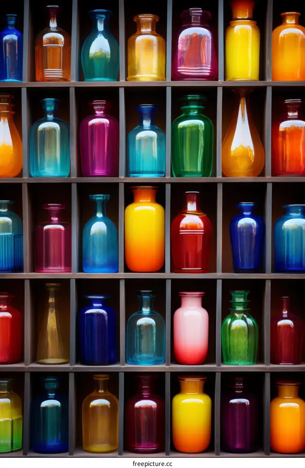 A wooden box filled with colorful glass bottles and vases