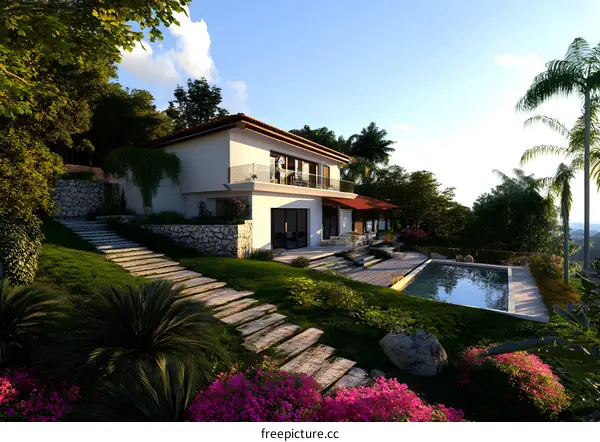 Modern Villa with Pool and Stone Steps