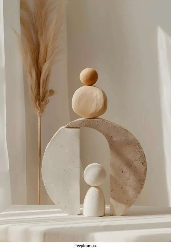 Abstract Minimalist Wooden Sculpture On A White Background