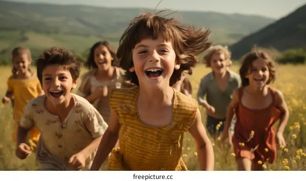 carefree children running through a lush green field on a sunny day