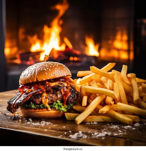Tempting and Juicy Burger with Fries on Wooden Table, Warm Fire in Distance