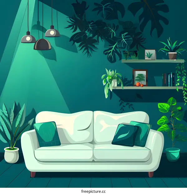 Green Living Room with Plants and Sofa
