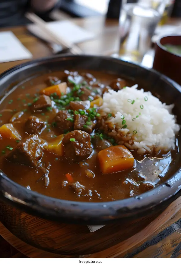 Beef stew with rice in a bowl