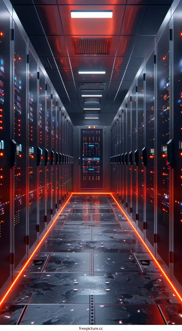 Futuristic server room with red lighting