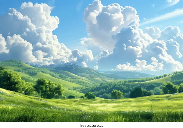 Beautiful Scenic Landscape Illustration of Rolling Hills and Clouds