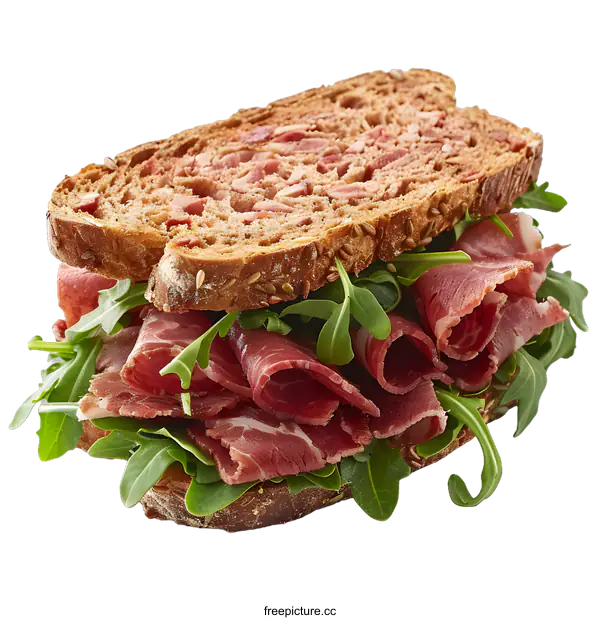 [Transparent Background PNG]Beef sandwich with arugula on white background