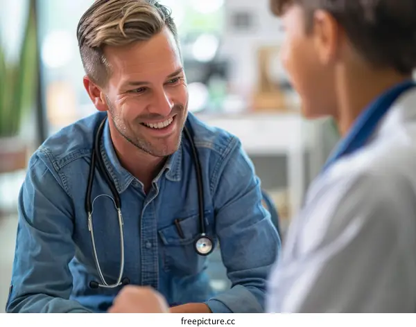 Smiling male doctor wearing stethoscope around neck talking to patient