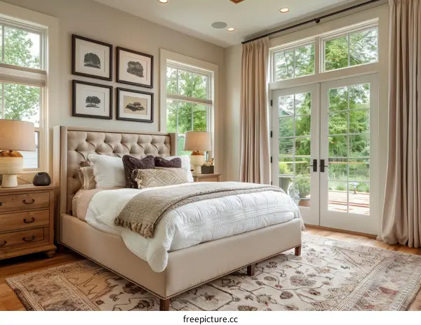 Elegant Master Bedroom with Large Windows and Tufted Bed