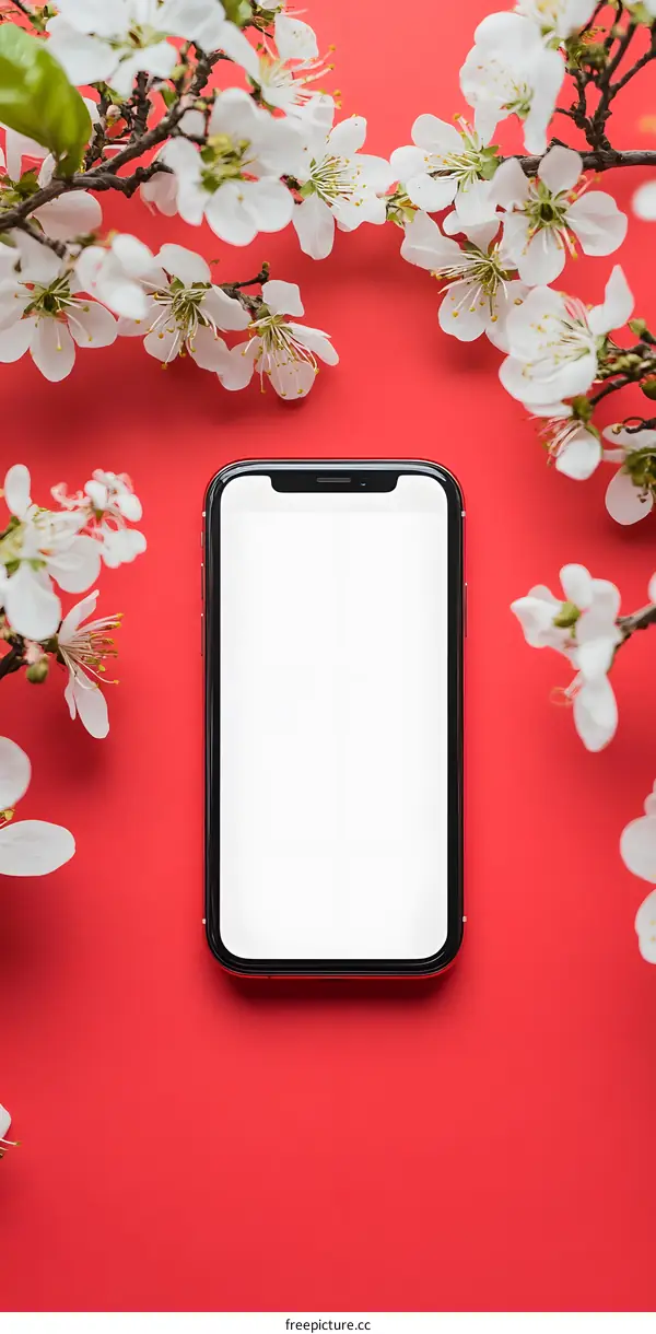 White Flowers and Smartphone on Red Background