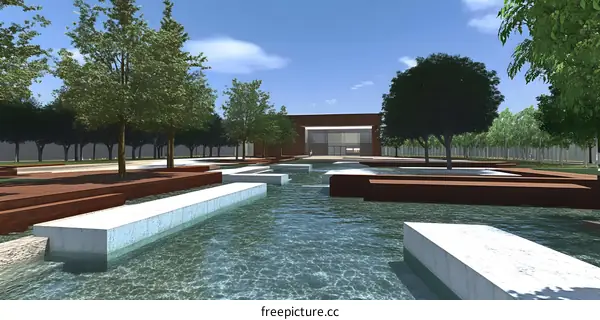 Modern Architectural Design of Building with Water Fountain and Green Trees