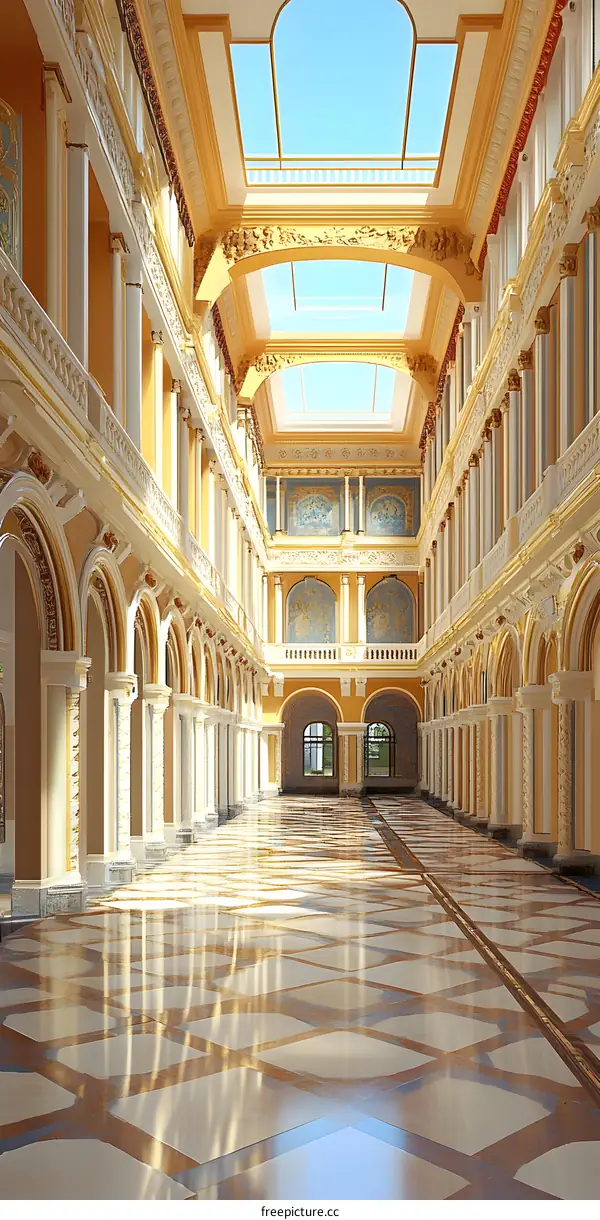 Interior Design of a Grand Hall with High Ceilings and Ornate Columns