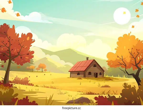 Autumn Landscape with Cabin and Trees
