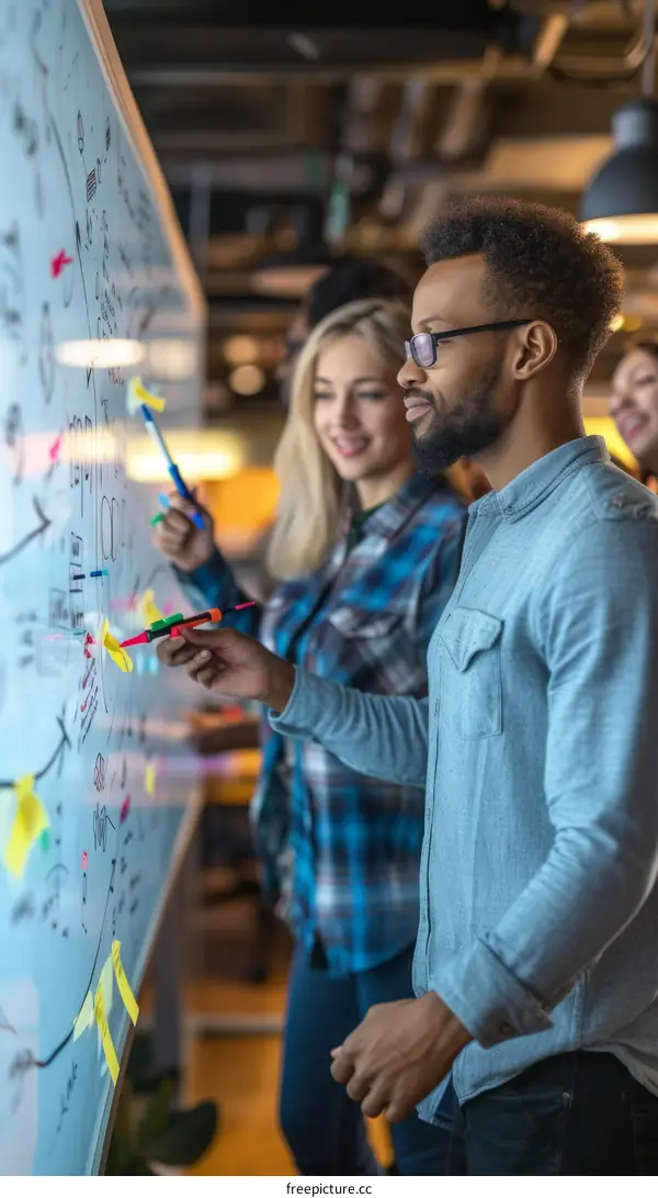 Multiethnic group of business people brainstorming ideas while standing by the whiteboard in the office