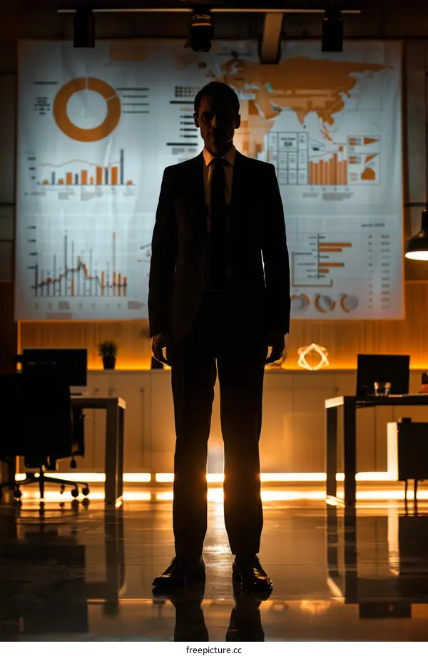 Businessman standing in front of a large screen with graphs and charts