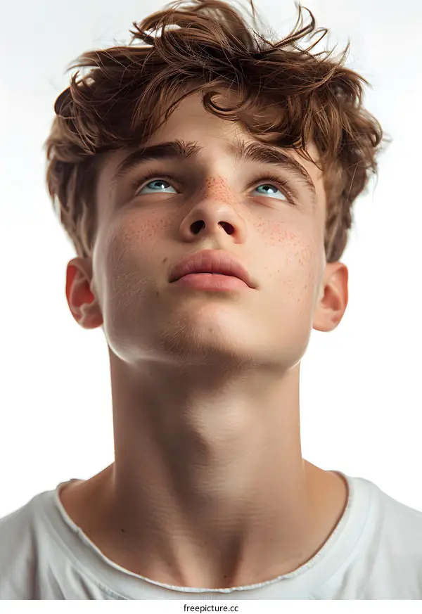 Young male model with freckles looking up