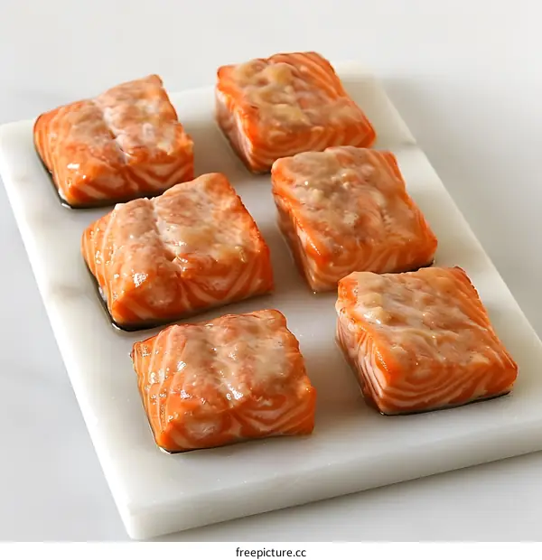 Six pieces of raw salmon fillet on a marble slab