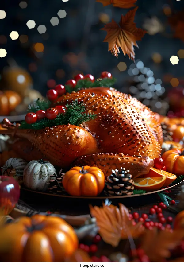 Thanksgiving dinner with roasted turkey, pumpkins, cranberries, and pine cones