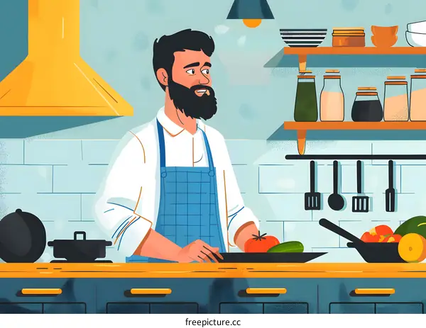 Man Cooking in Kitchen with Vegetables