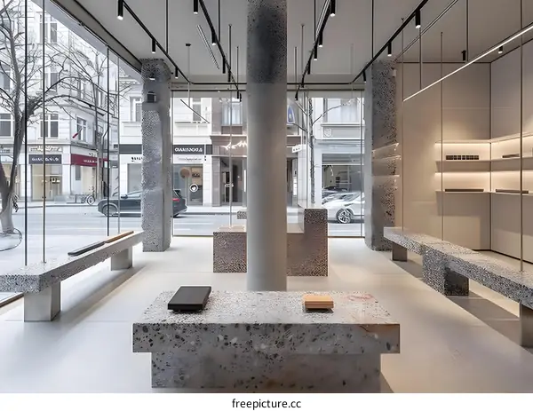 Modern Minimalist Shop Interior Design With Concrete Stone Texture