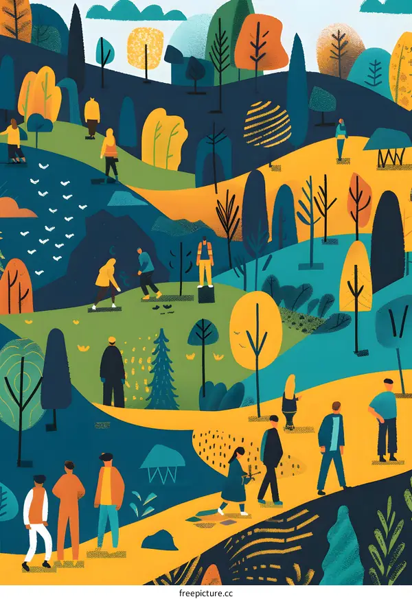 People Walking in a Park With Colorful Trees Illustration