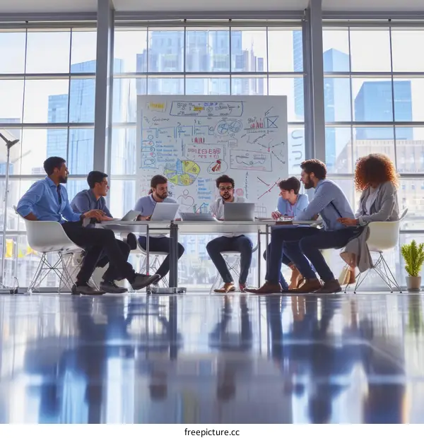 Multiethnic business team brainstorming ideas in a modern office