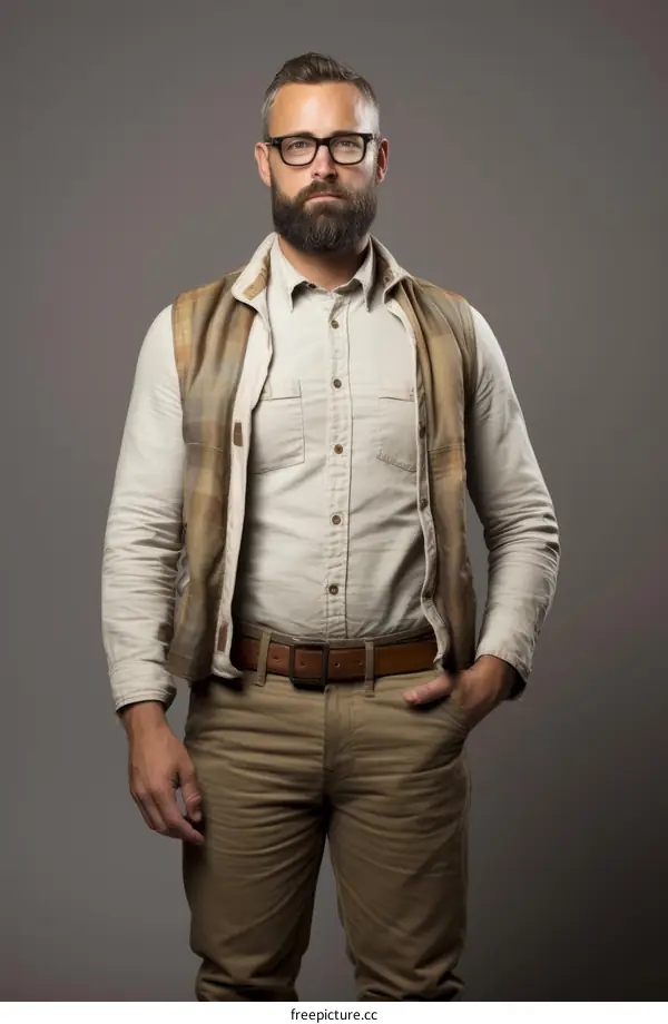 Bearded man wearing glasses, vest, and khaki pants