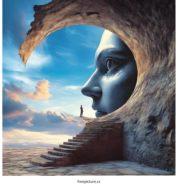 Man Standing on a Stone Staircase Looking at a Giant Face in the Rock