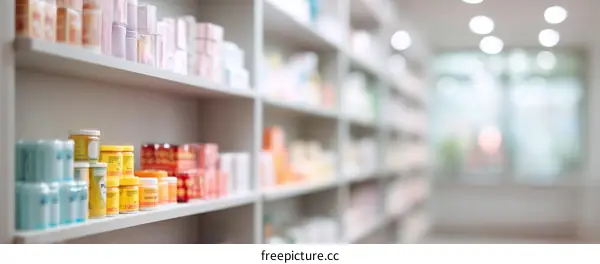 Pharmacy Shelves Filled with Various Products