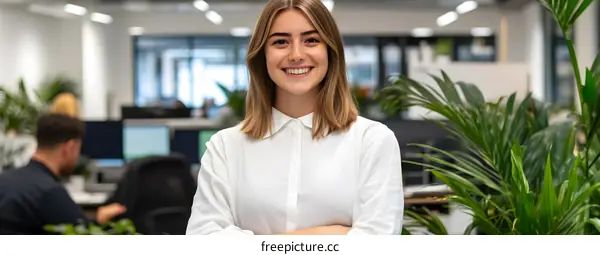 Smiling Businesswoman in Modern Office with Plants