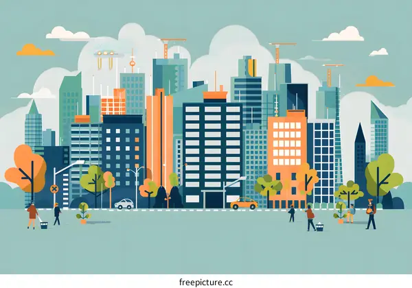 Modern Cityscape with Buildings, Trees and People