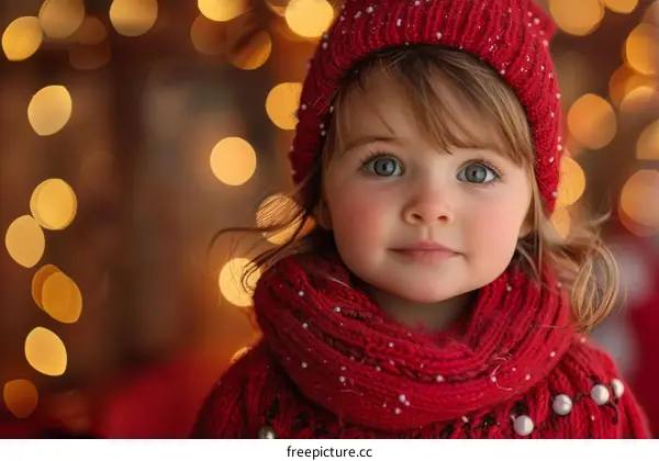 Little Girl Wearing Red Knitted Hat and Scarf