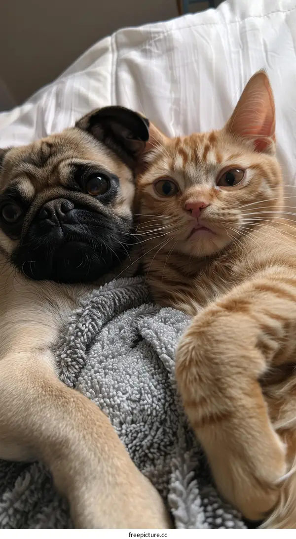 pug and orange cat lying on a bed together