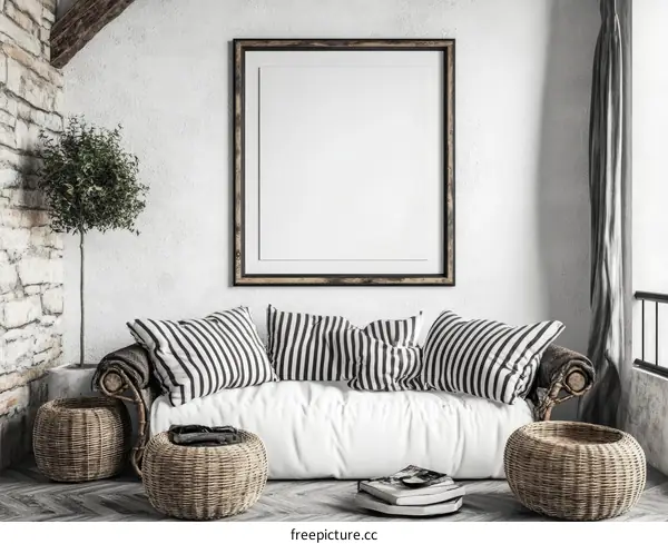Modern Rustic Living Room Mockup with Empty Frame
