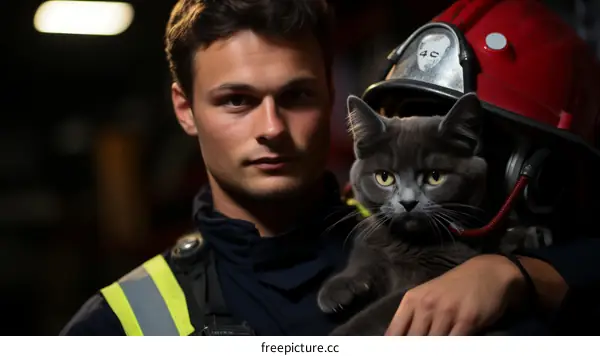 Firefighter抱着猫
