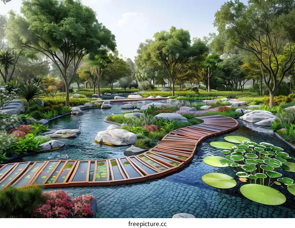 Modern oriental garden with a stone path and a pond with water lilies